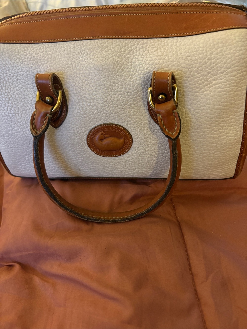 Dooney & Bourke Cream Pebbled Leather Satchel with Brown Trim